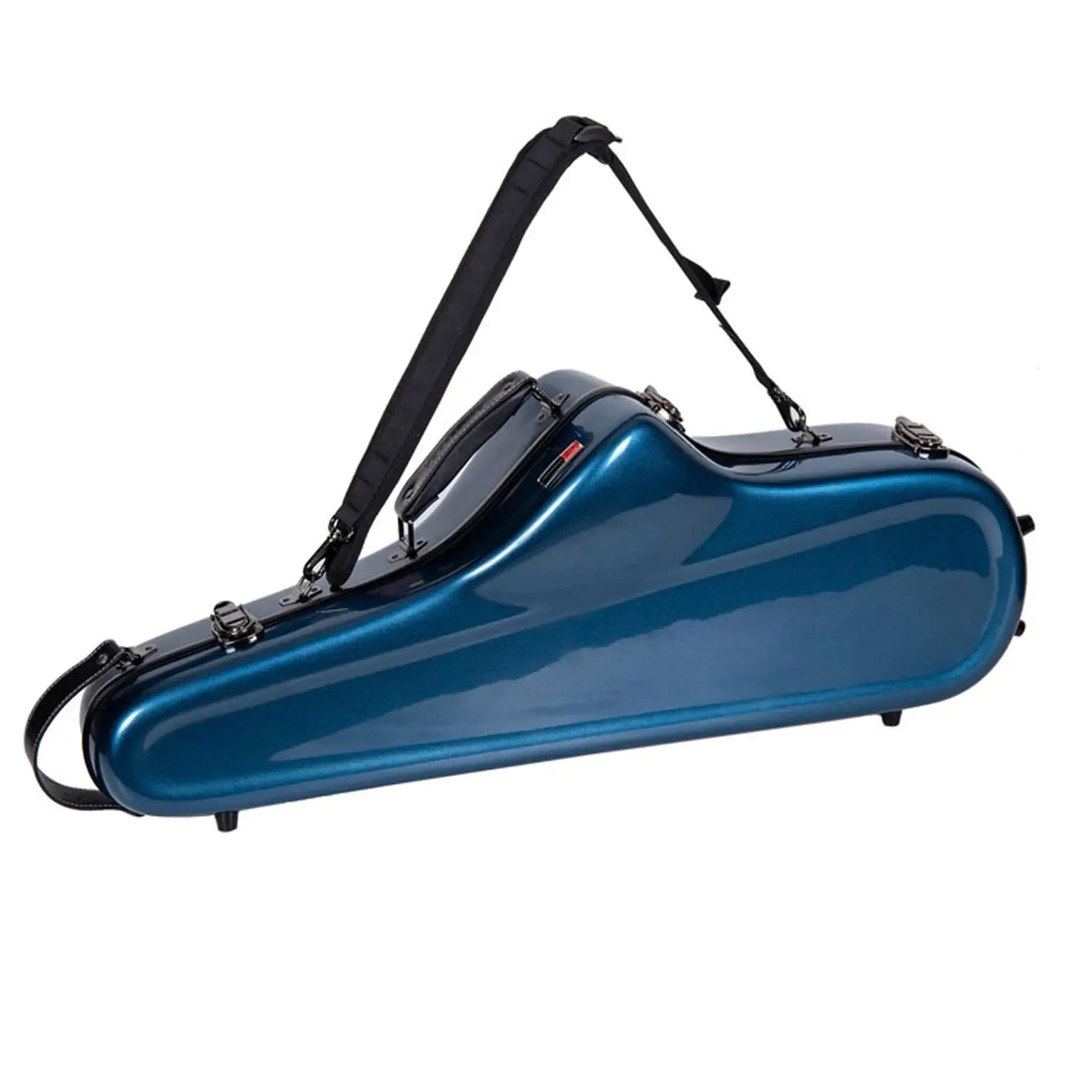 Crossrock CRF1020TS blue fiberglass tenor saxophone case with shoulder strap.