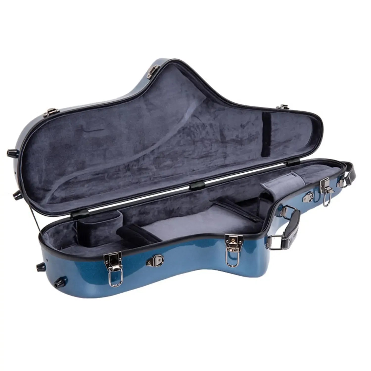 Open Crossrock CRF1020TS blue fiberglass tenor saxophone case with dark grey lining.