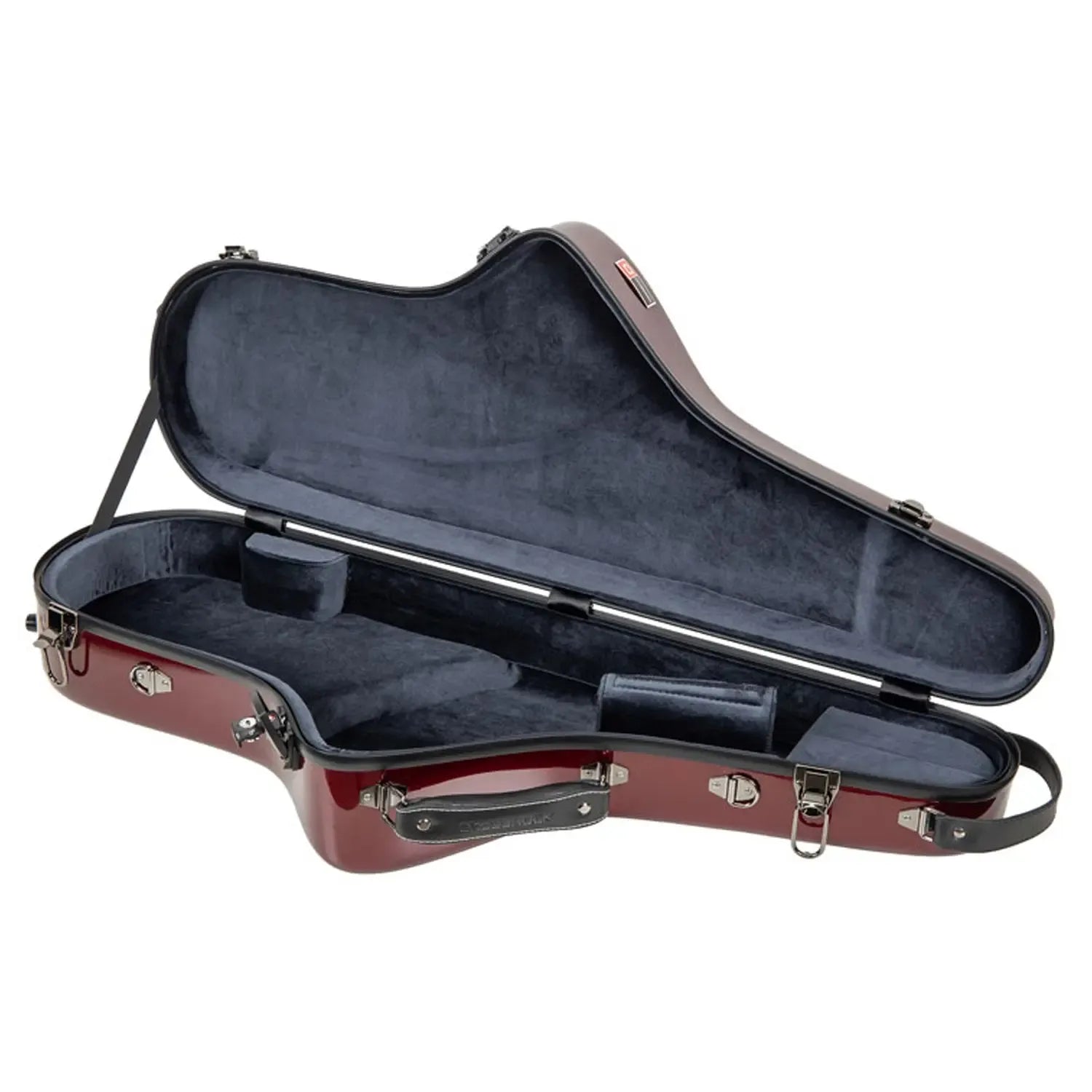 Crossrock CRF1020TS red glossy fiberglass tenor saxophone case, open with dark grey lining.