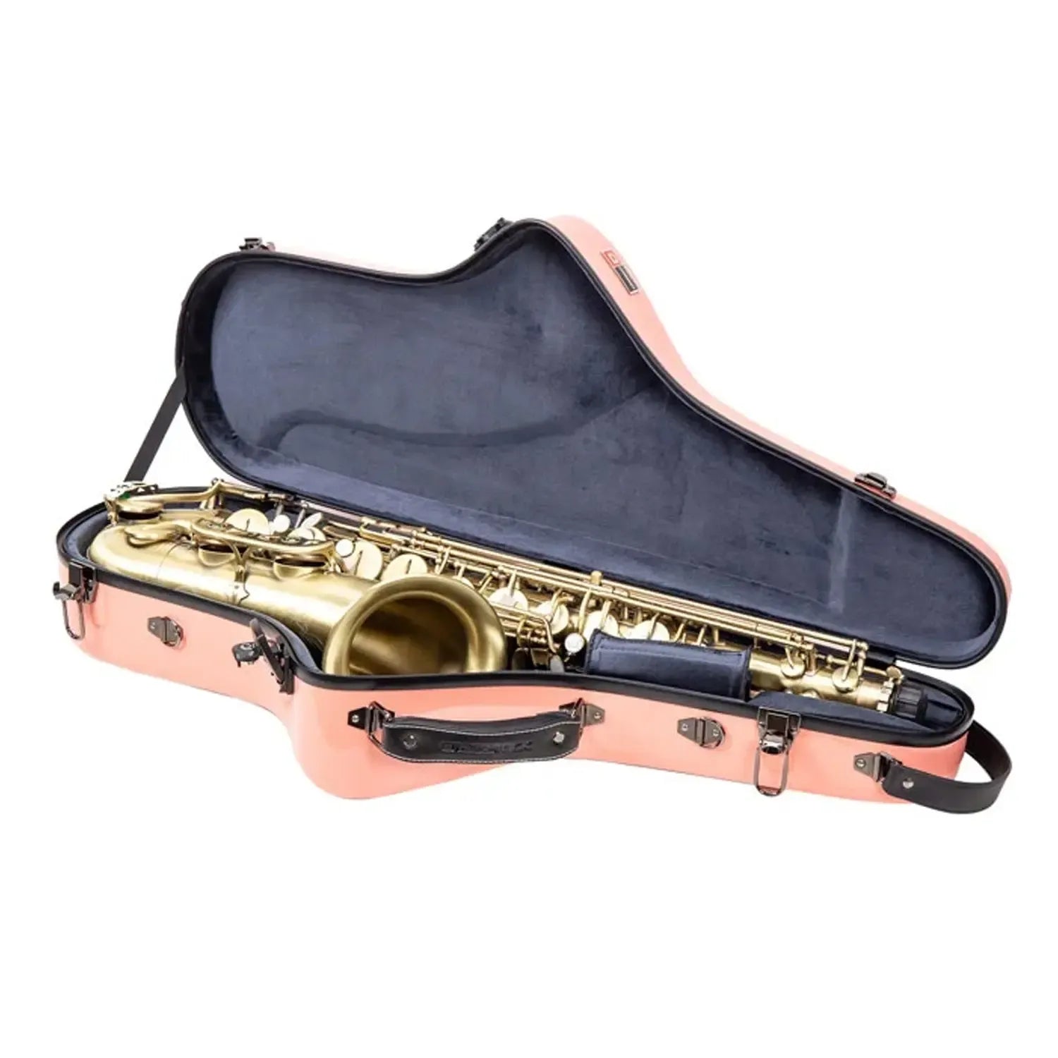 Crossrock CRF1020TS fiberglass tenor saxophone case in Spanish-Pink with a gold saxophone inside.