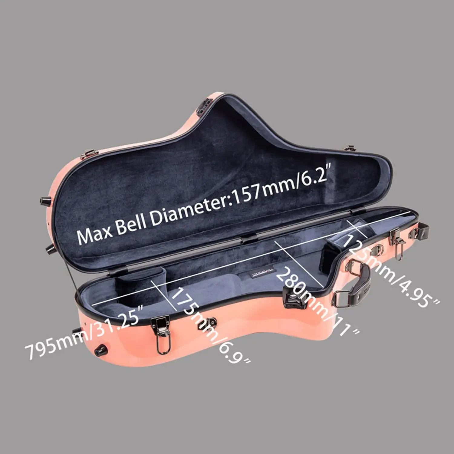 Crossrock CRF1020TS fiberglass tenor saxophone case in Spanish-Pink with dark grey lining and dimensions.