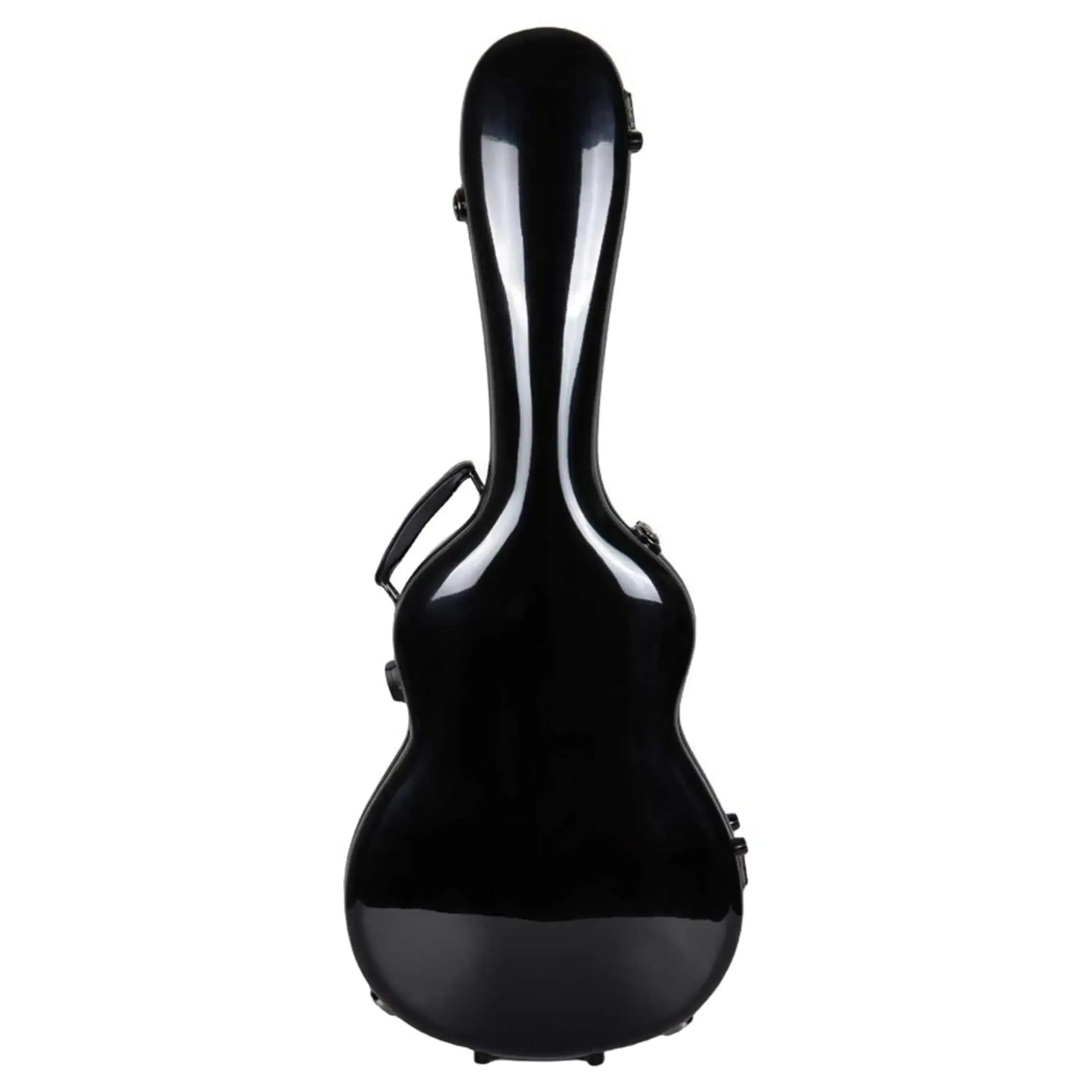 Crossrock black fiberglass acoustic guitar case for Martin 000 style, top-down view.