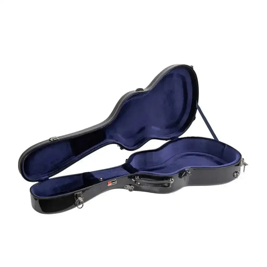 Crossrock black fiberglass acoustic guitar case for Martin 000 style, open with blue velvet interior.