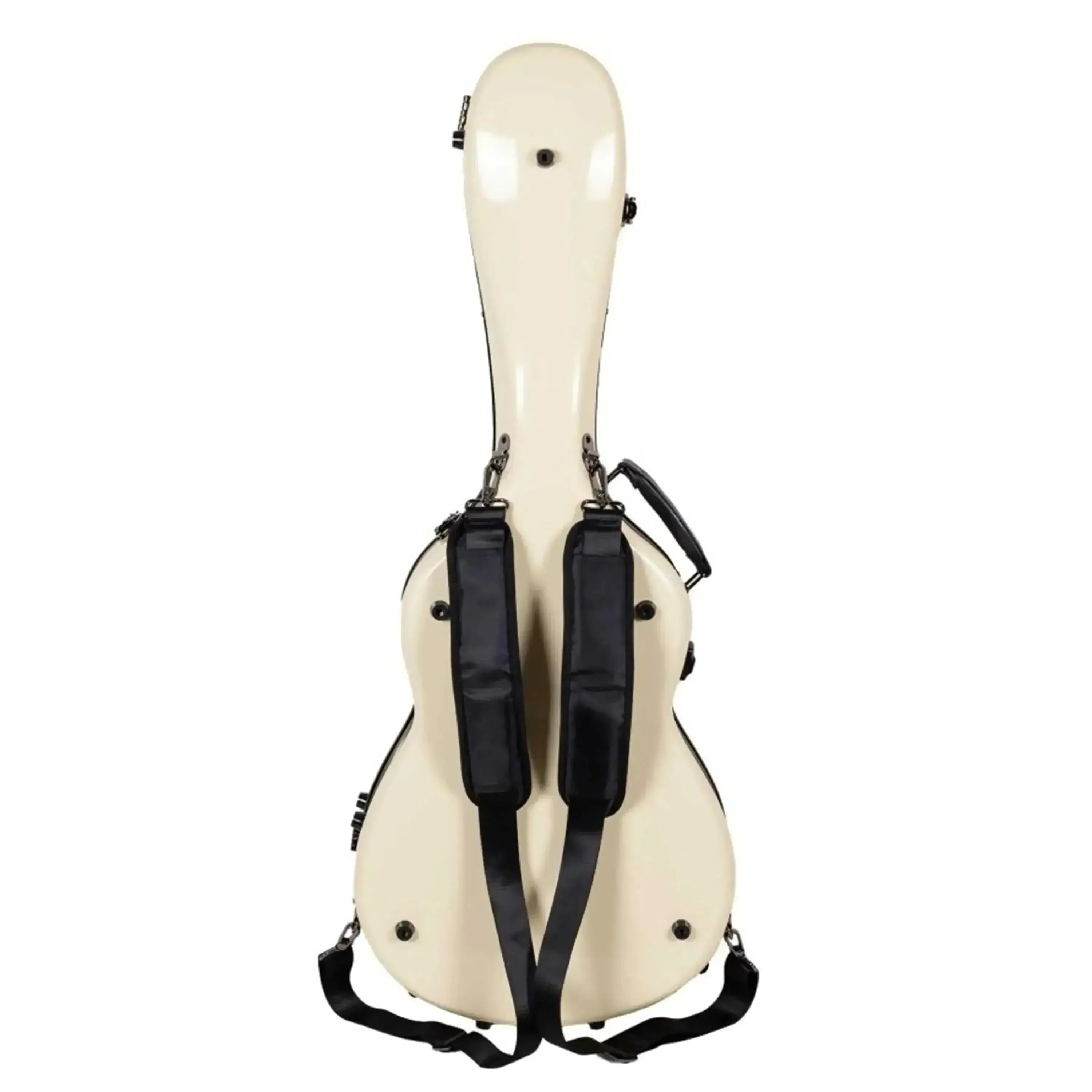Crossrock 000 style acoustic guitar case in ivory fiberglass with black backpack straps.
