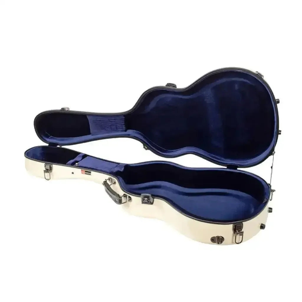 Crossrock 000 style acoustic guitar case, ivory fiberglass exterior, open with blue velvet interior.