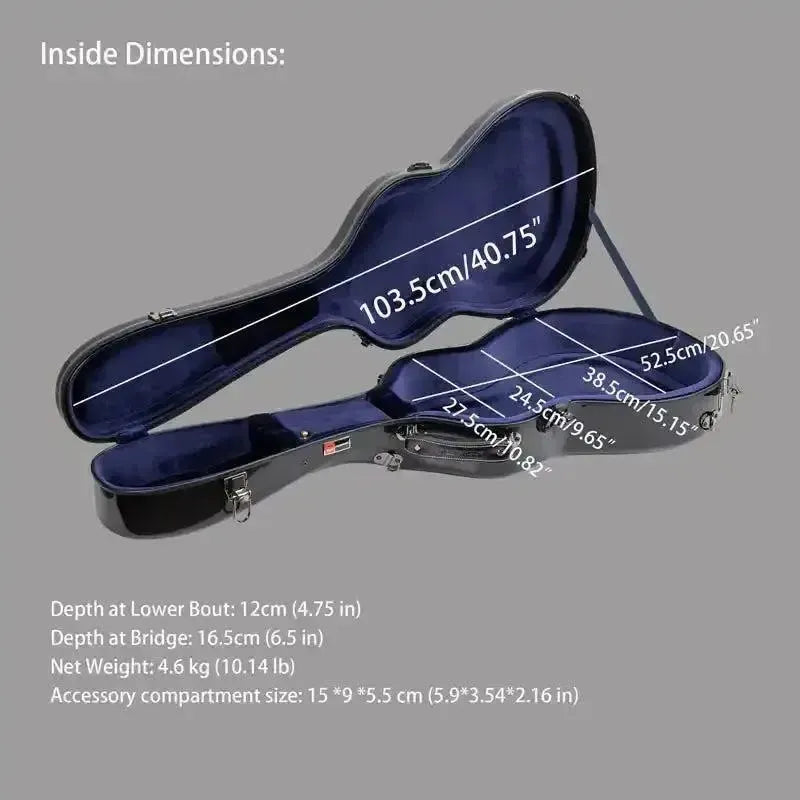 Crossrock 000-style acoustic guitar fiberglass case, open with blue interior and dimensions.