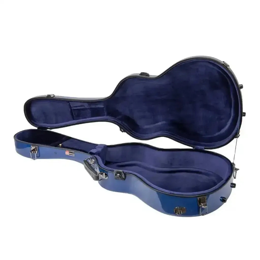 Crossrock navy blue fiberglass acoustic guitar case for Martin 000 style, open with plush interior.