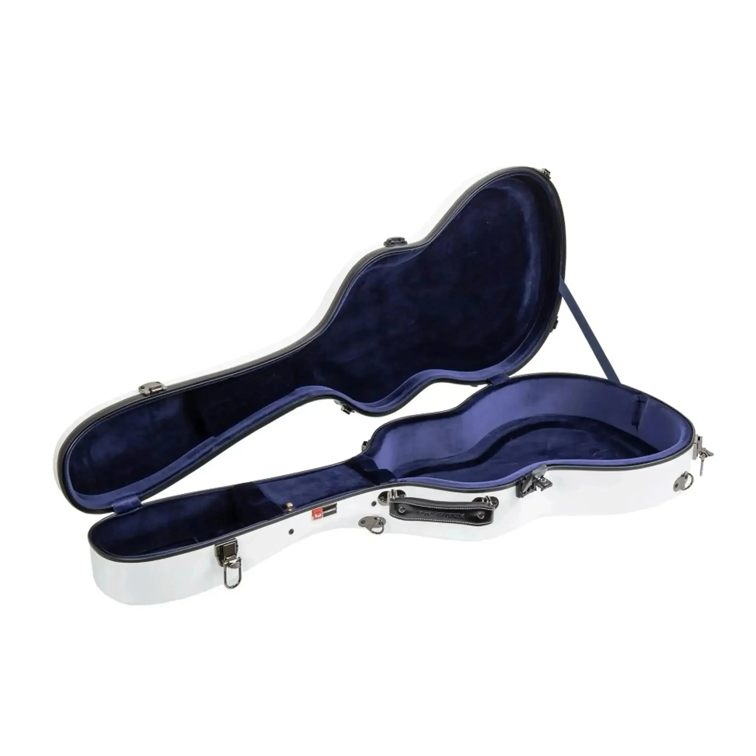 Crossrock white fiberglass acoustic guitar case for 00 style, open with blue velvet interior.