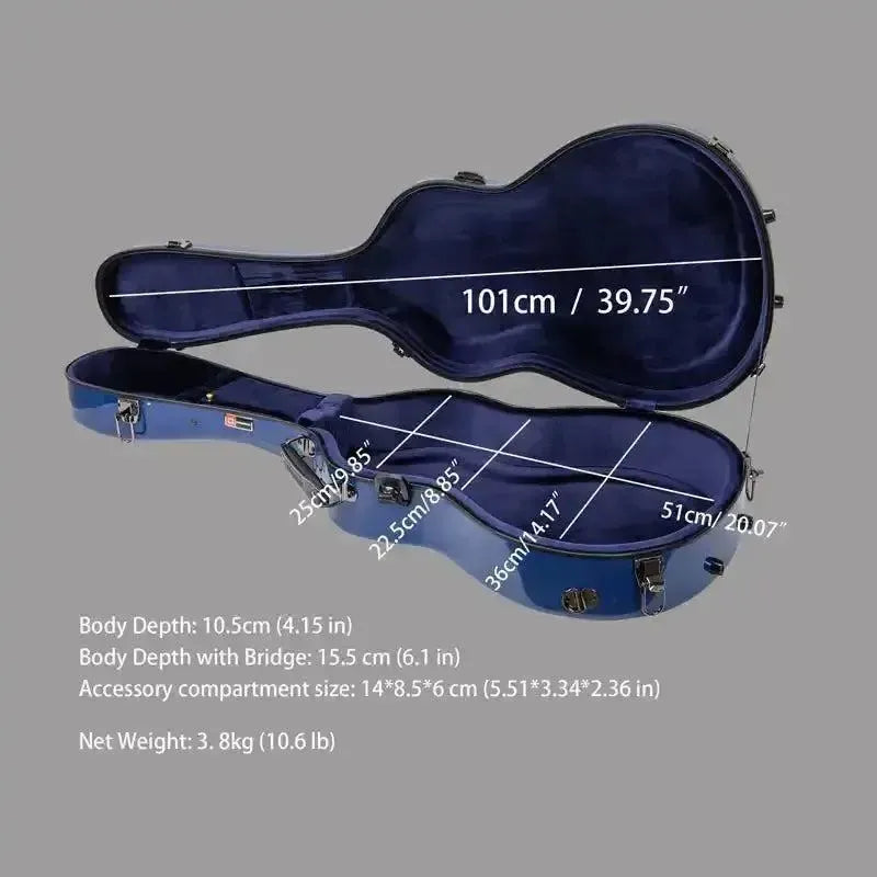 Open Crossrock 00-style acoustic guitar fiberglass case in blue with interior dimensions.