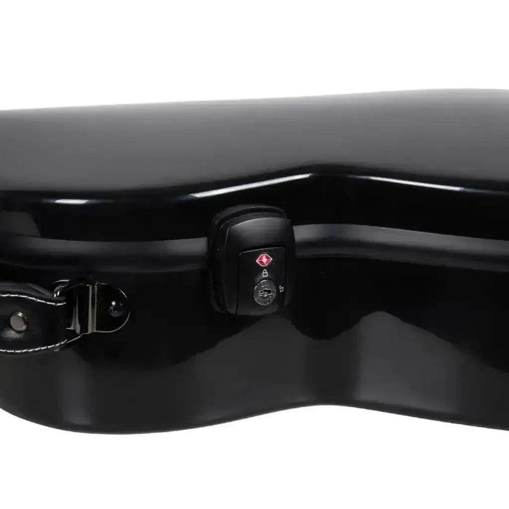 Crossrock Torres 3/4 classical guitar case in black fiberglass with a TSA lock and leather handle.