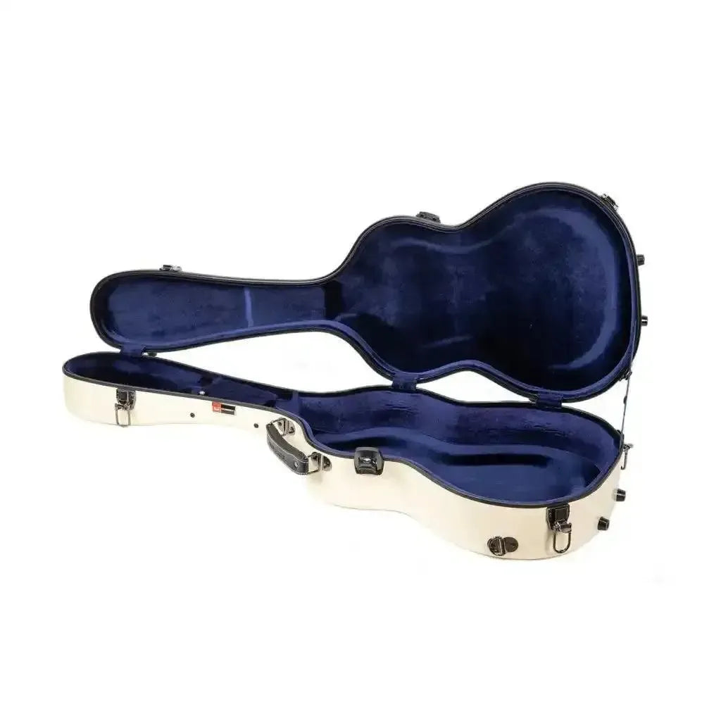 Crossrock Torres 3/4 classical fiberglass guitar case in ivory with blue velvet interior.