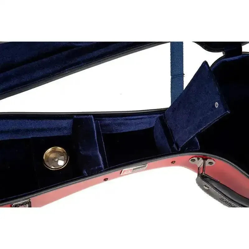 Open Crossrock Torres 3/4 classical fiberglass guitar case, red exterior, blue velvet interior, accessory compartments.