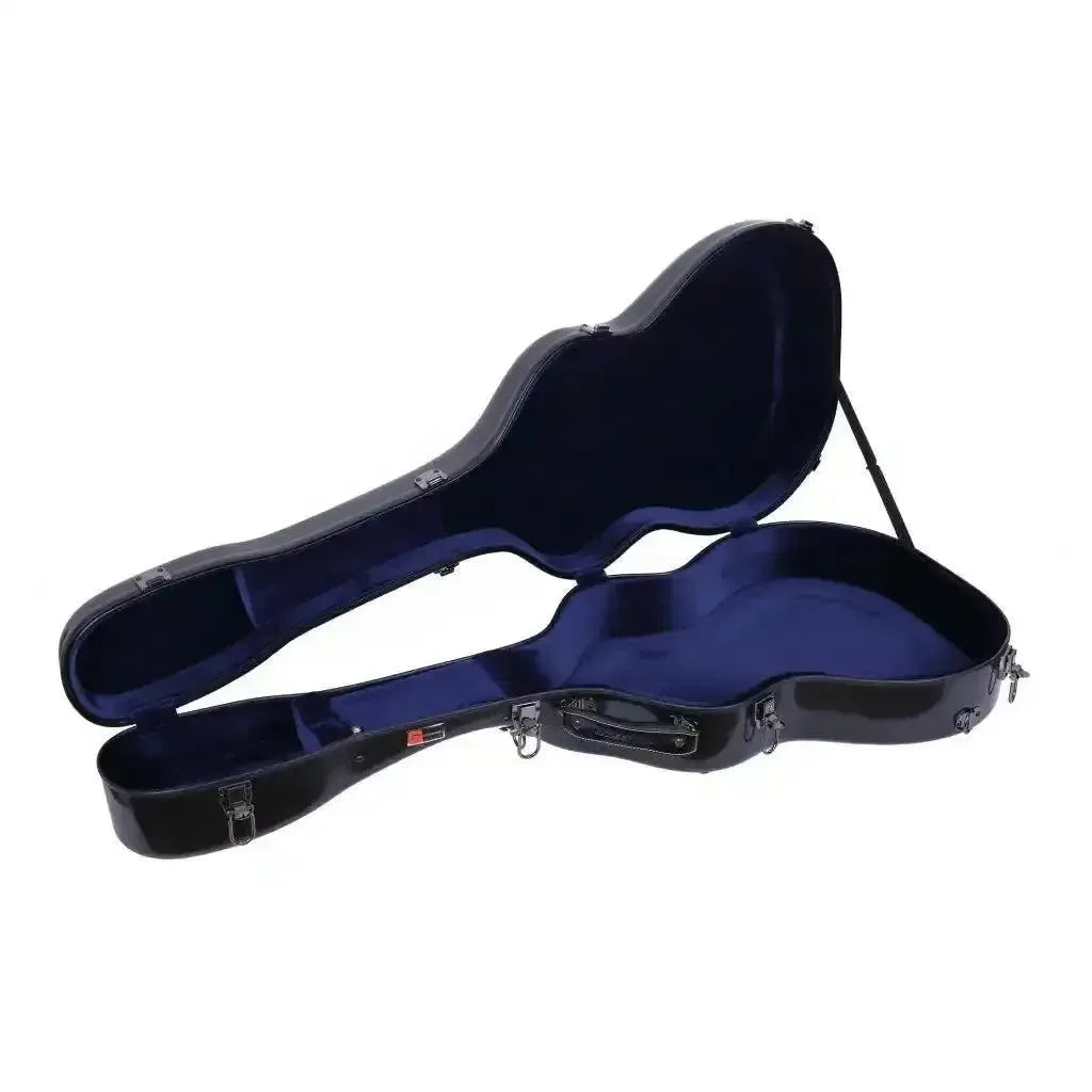Crossrock black fiberglass acoustic guitar case, open with blue interior lining.