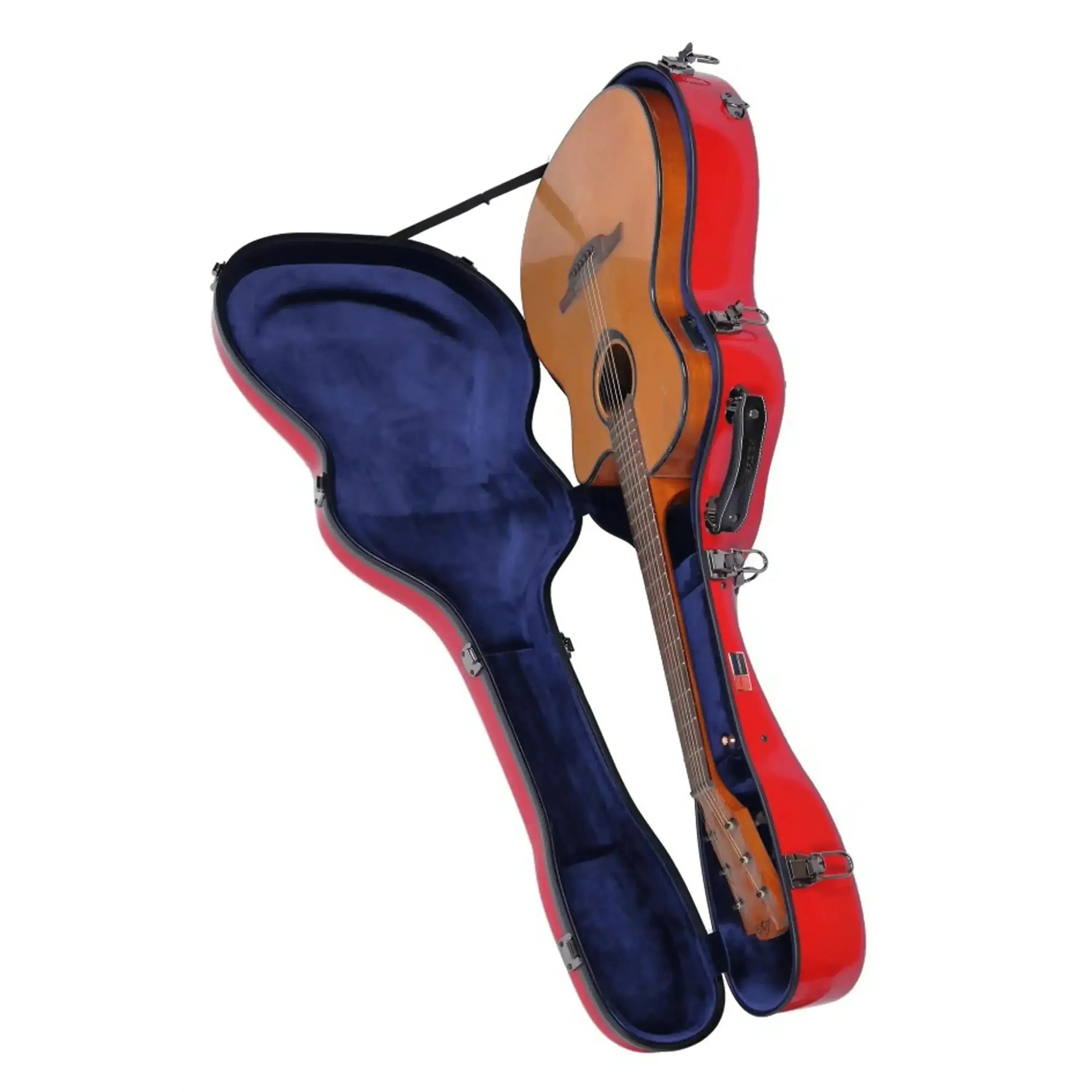 Red Crossrock fiberglass acoustic guitar case with blue interior, open with a guitar inside.