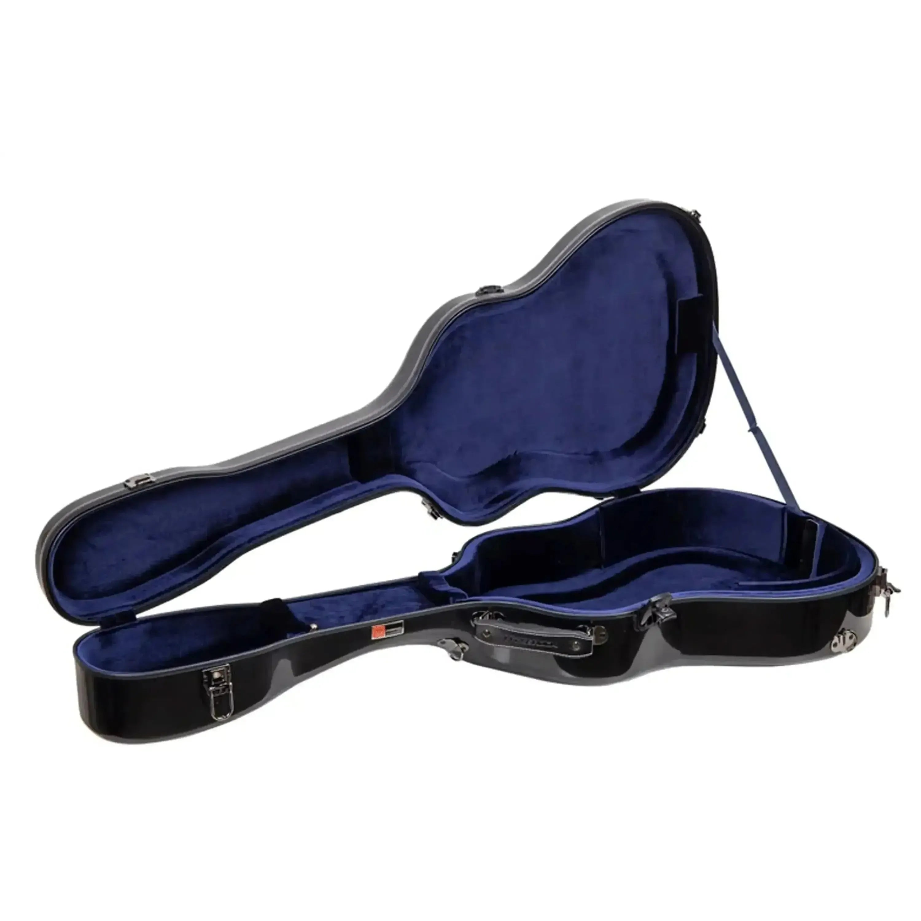 Crossrock CRF2020J45 black jumbo dreadnought fiberglass guitar case, open with blue velvet interior.