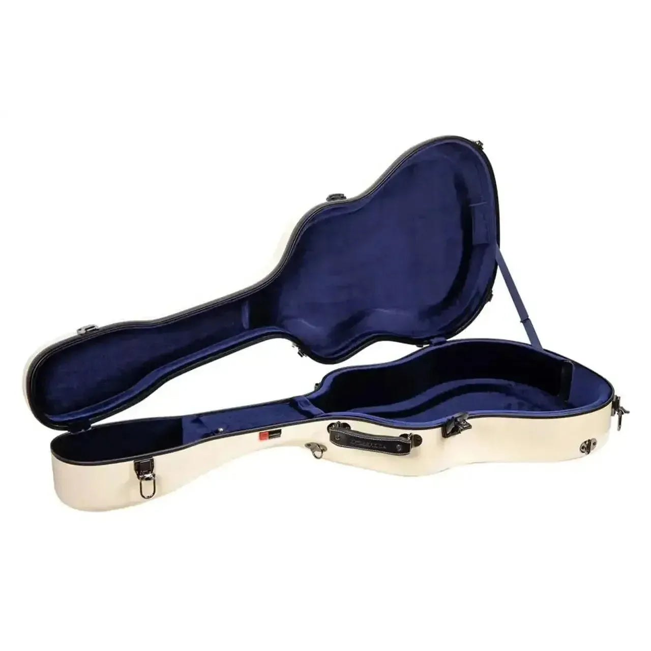 Crossrock CRF2020J45 ivory fiberglass jumbo dreadnought guitar case, open with blue interior.