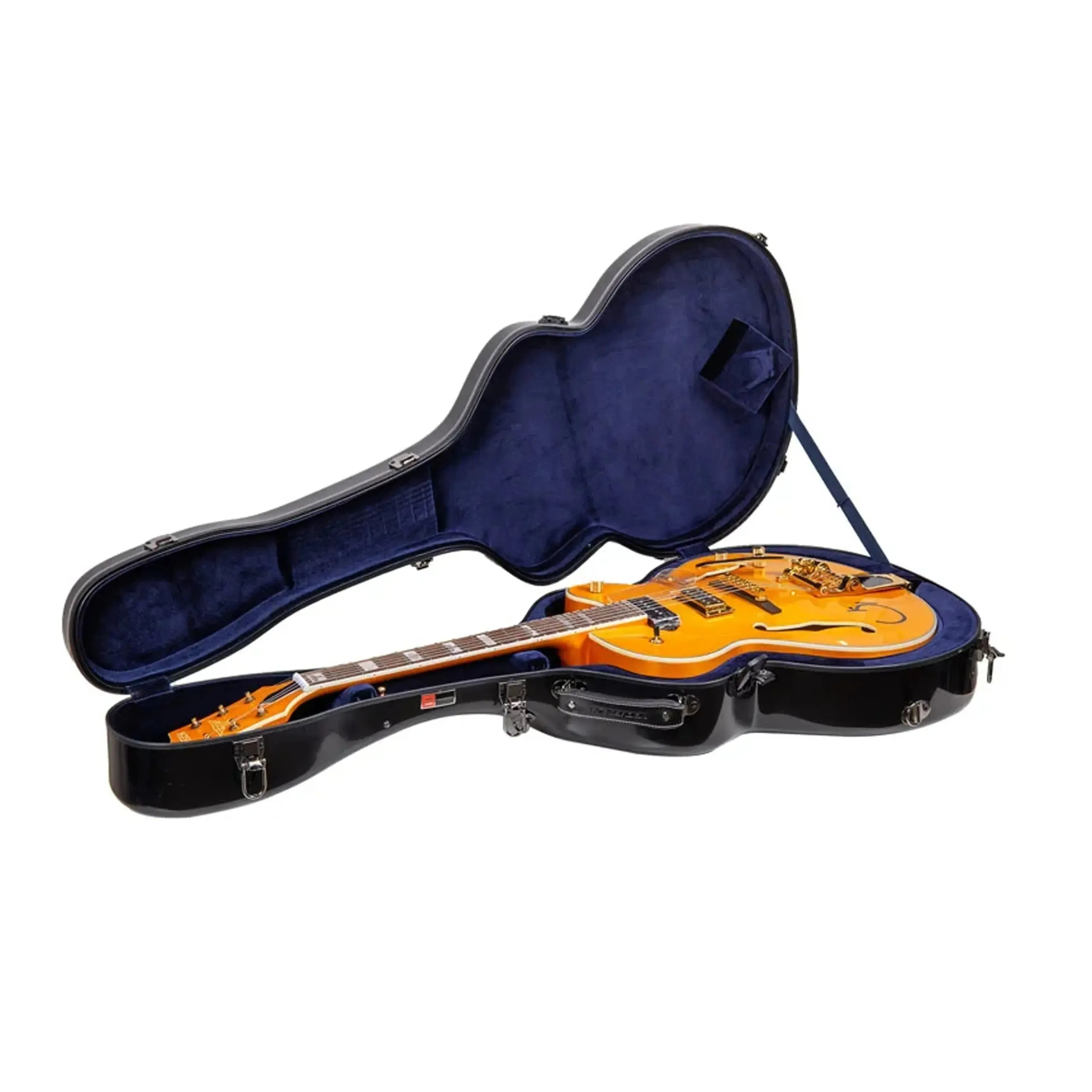 Black Crossrock fiberglass ES-125 archtop guitar case with a vibrant orange hollow-body guitar inside.