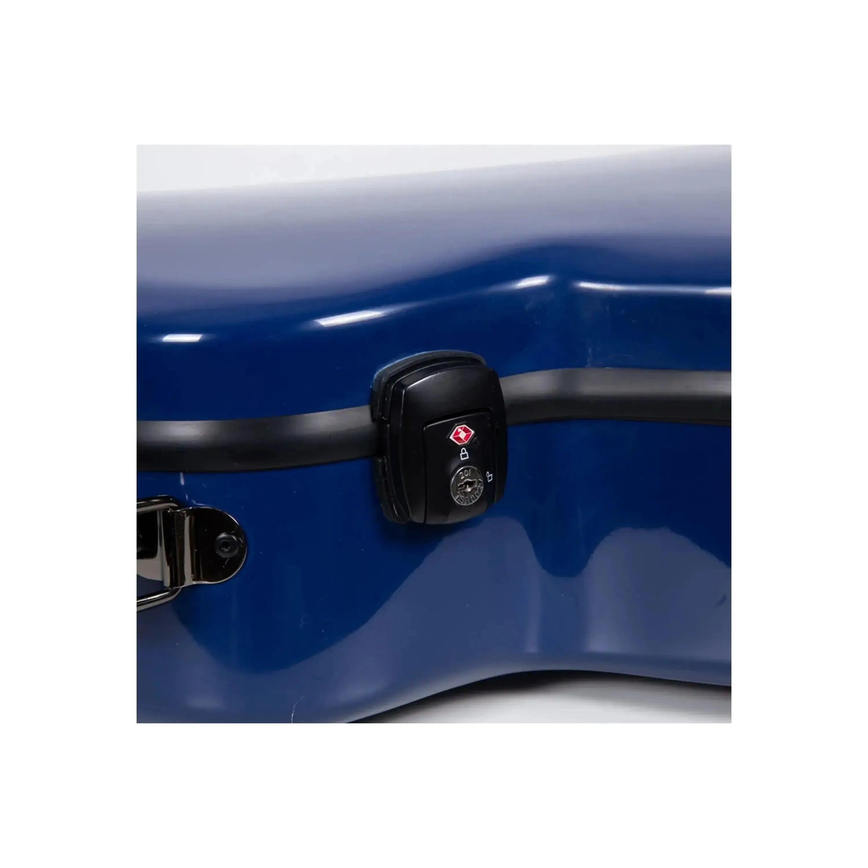 Close-up of a dark blue Crossrock fiberglass guitar case with a black TSA lock.