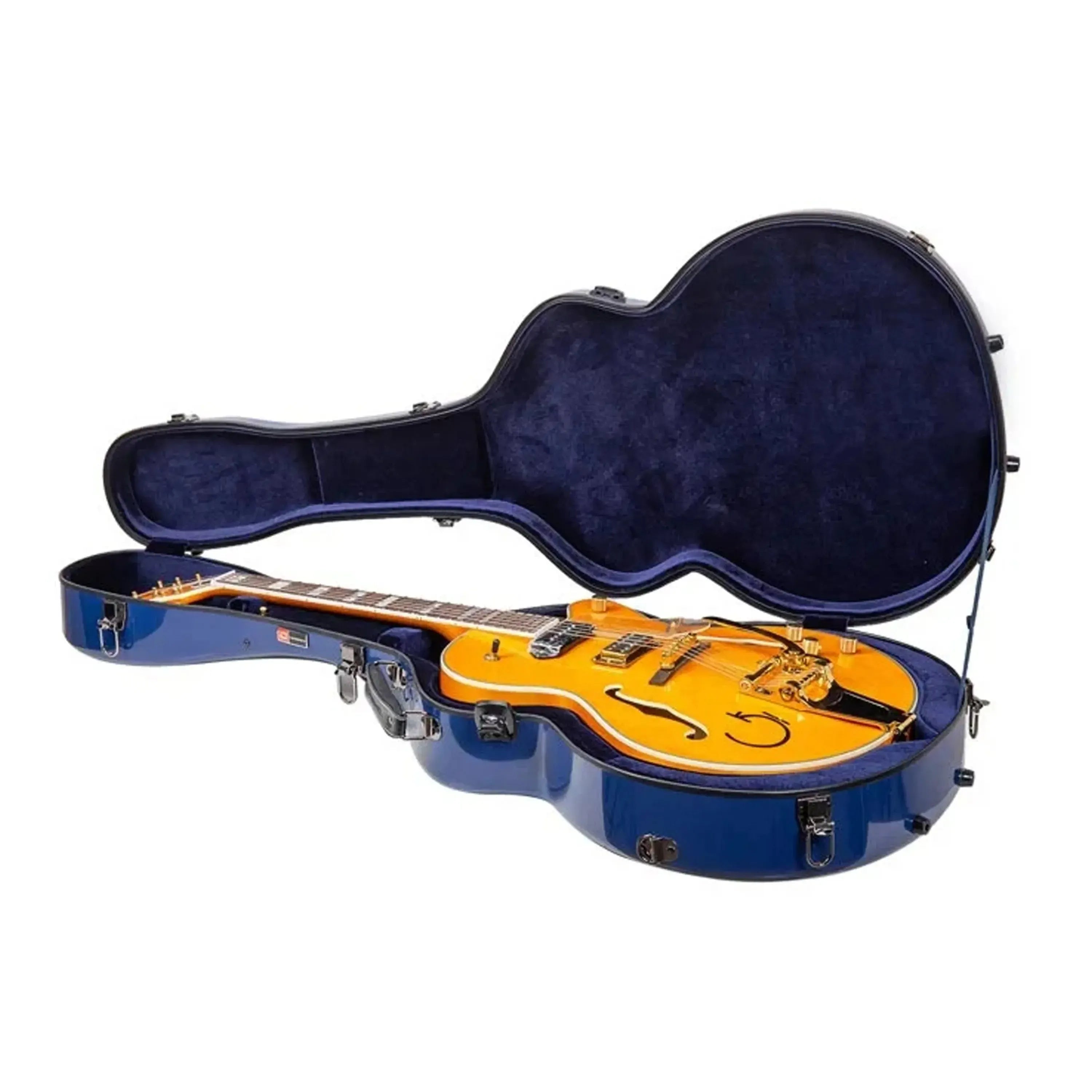 Open Crossrock CRF2020JA17 blue fiberglass L-5 archtop guitar case with a yellow archtop guitar inside.
