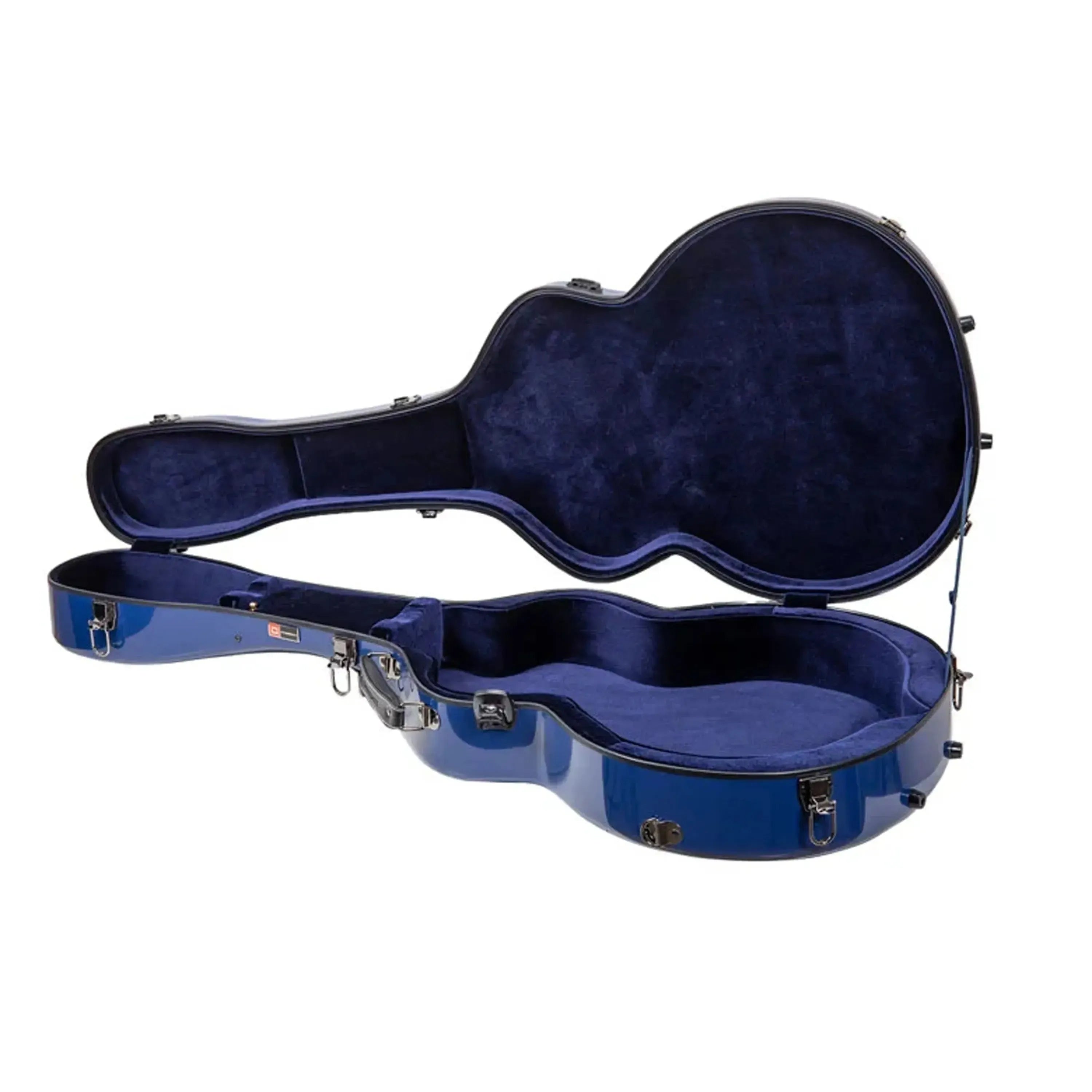 Crossrock blue fiberglass L-5 archtop guitar case, open with dark blue plush interior.