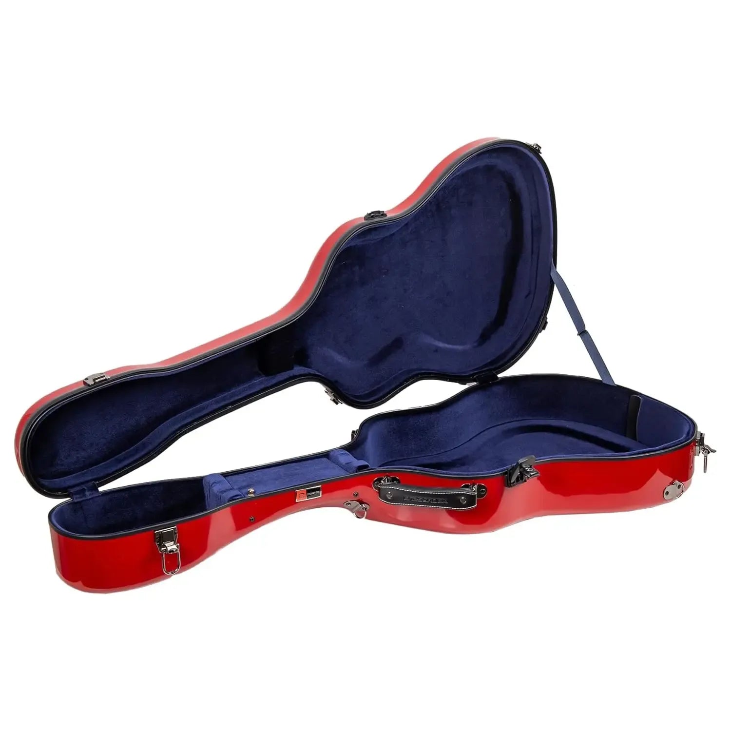 Crossrock CRF2020JA17 red fiberglass L-5 archtop guitar case with dark blue interior.