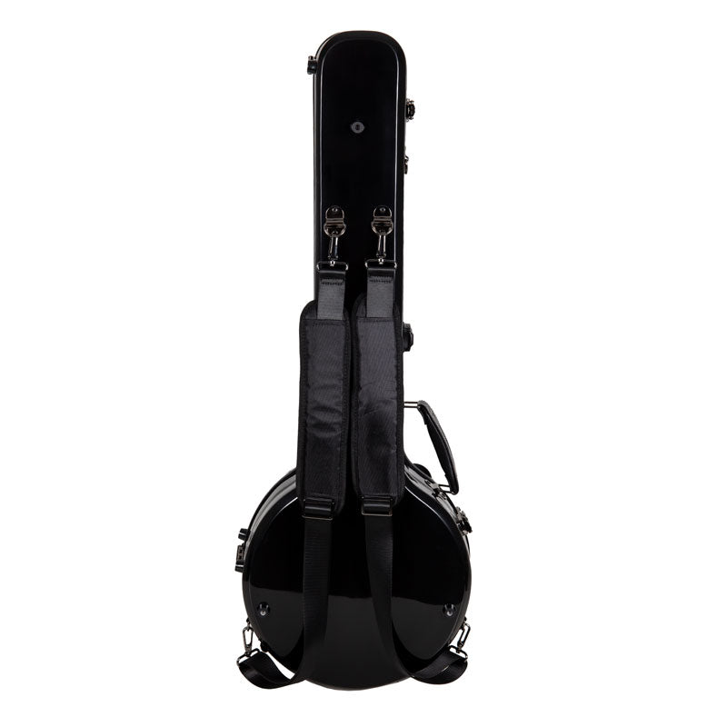 Back of the Crossrock CRF2020SOBJBK black banjo case standing upright with the padded backpack straps.