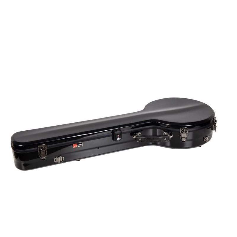 Crossrock CRF2020SOBJBK black fiberglass open-back tenor banjo case lying closed, showing the latches and handle.