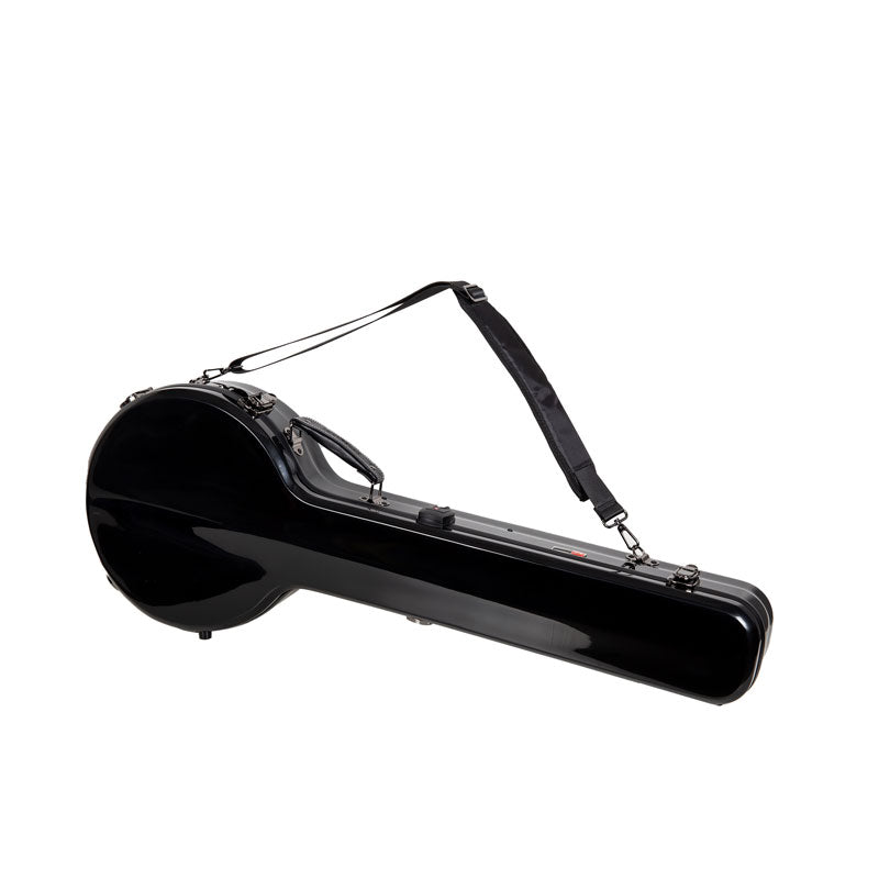 Crossrock CRF2020SOBJBK black fiberglass banjo case with a shoulder strap attached across the top.