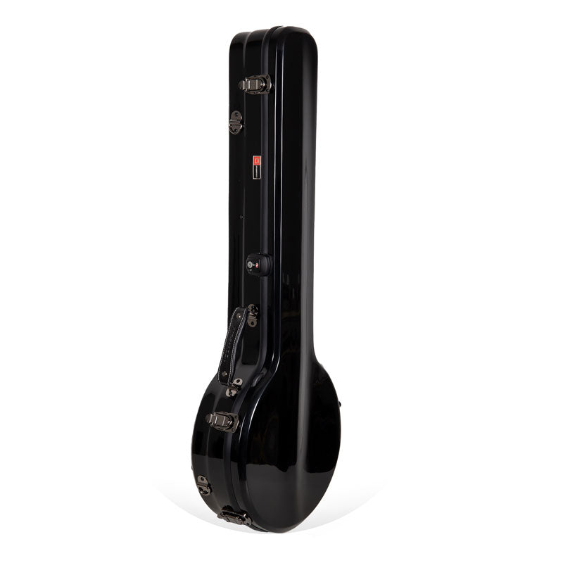 Crossrock CRF2020SOBJBK gloss black fiberglass open-back tenor banjo case standing upright.