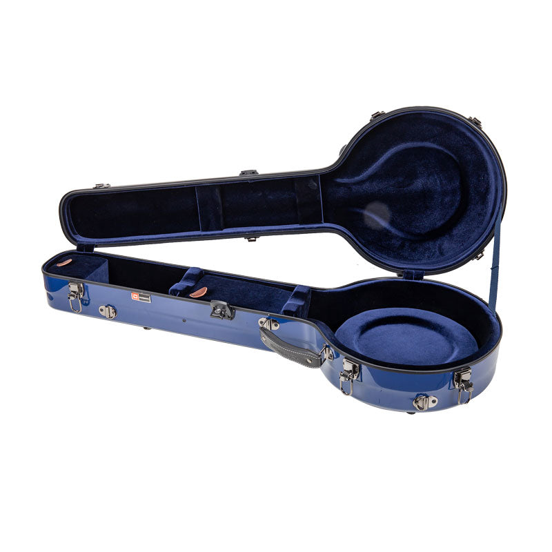Crossrock CRF2020SOBJNVBL navy blue banjo case open, showing the navy-blue donut padding and neck compartments.
