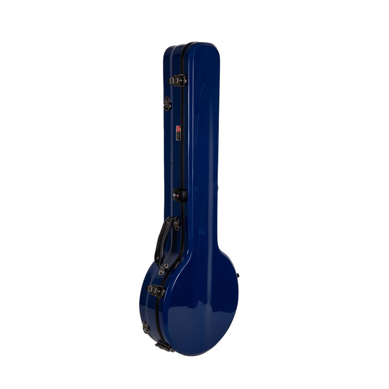 Crossrock CRF2020SOBJNVBL navy blue fiberglass open-back tenor banjo case standing upright.