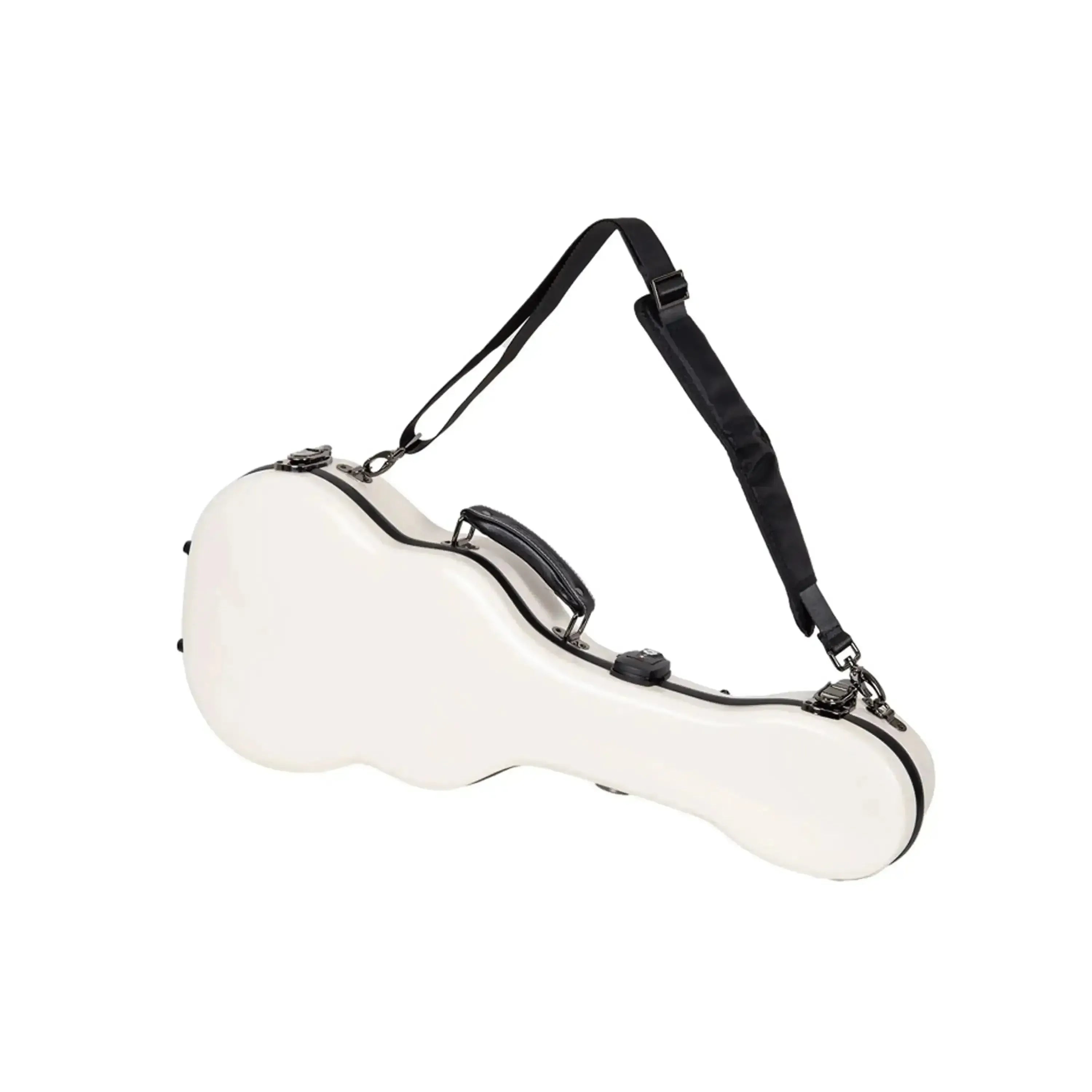 Crossrock milk-white fiberglass tenor ukulele case with black handle and shoulder strap.