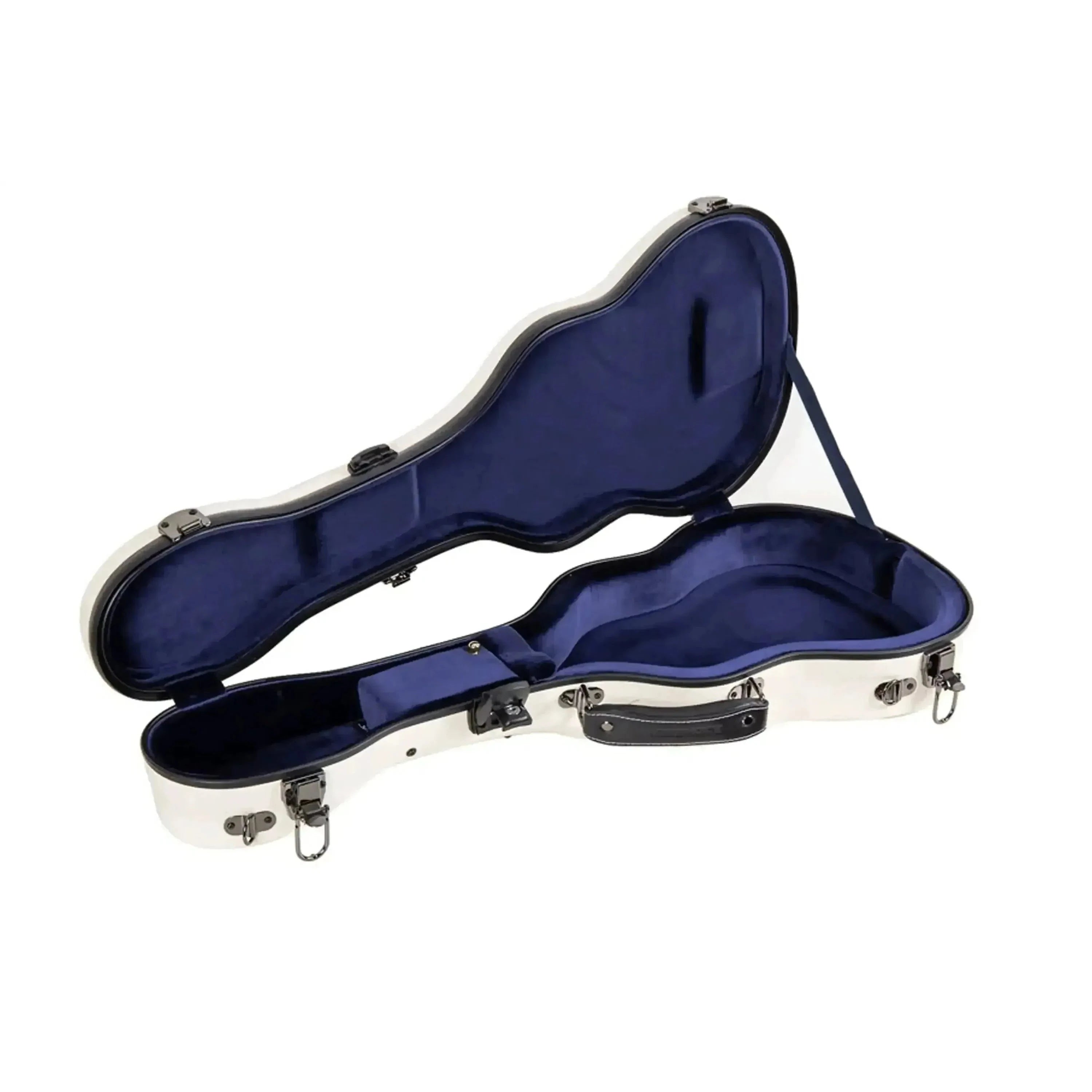 Crossrock CRF2020TU fiberglass tenor ukulele case in milk-white with a blue interior, open.
