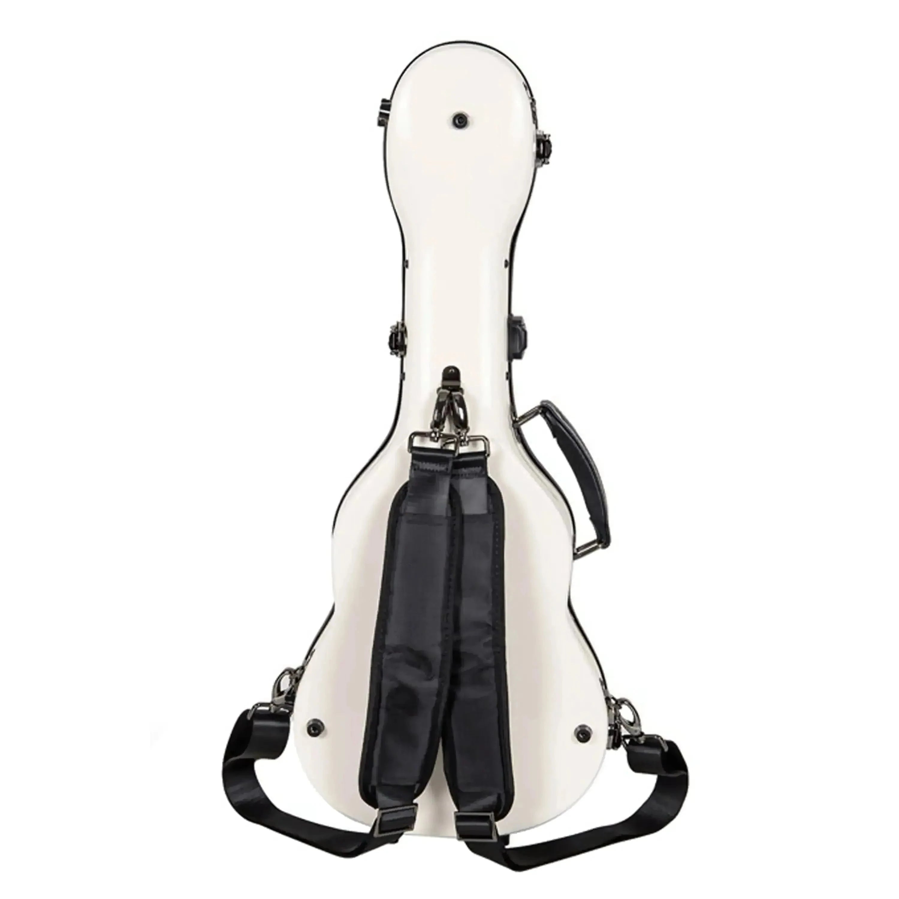Crossrock milk-white fiberglass tenor ukulele case with black padded backpack straps and handle.