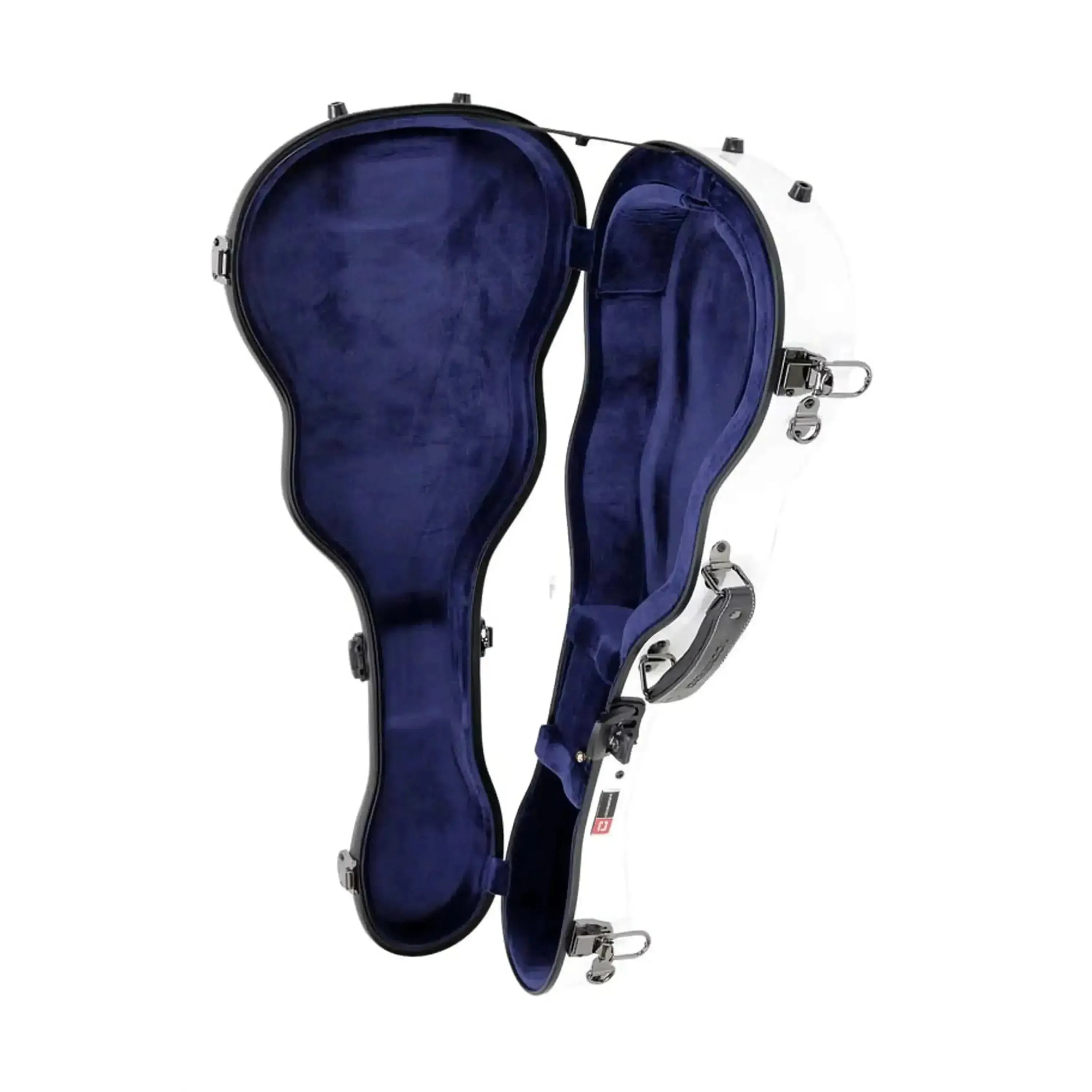 Crossrock white fiberglass tenor ukulele case, open with blue velvet interior.