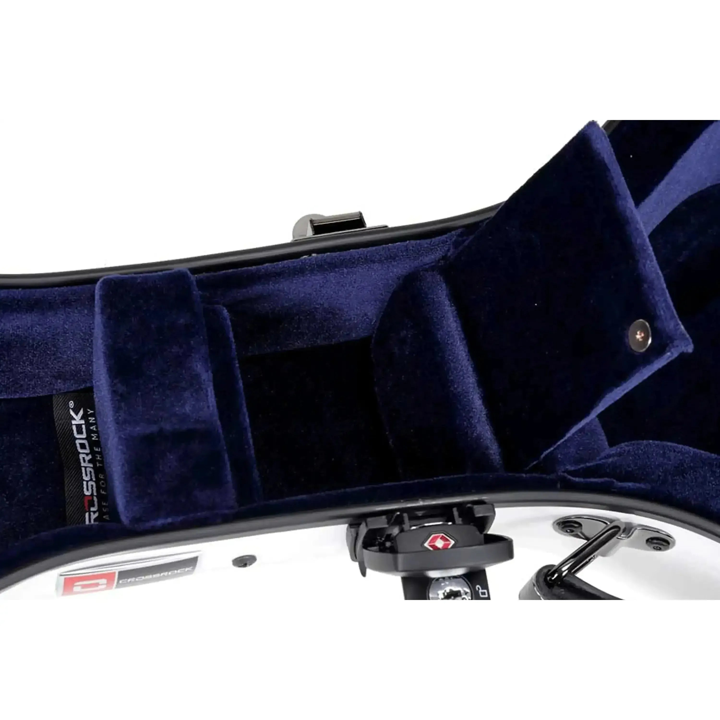Crossrock white fiberglass tenor ukulele case, open with plush blue interior padding.