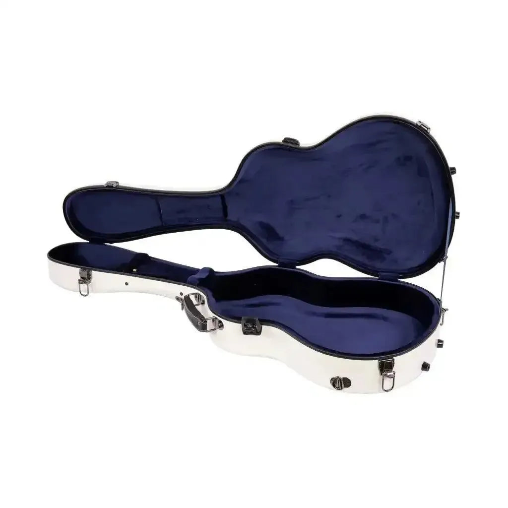 Crossrock full-size classical guitar case in milk white fiberglass with blue lining.