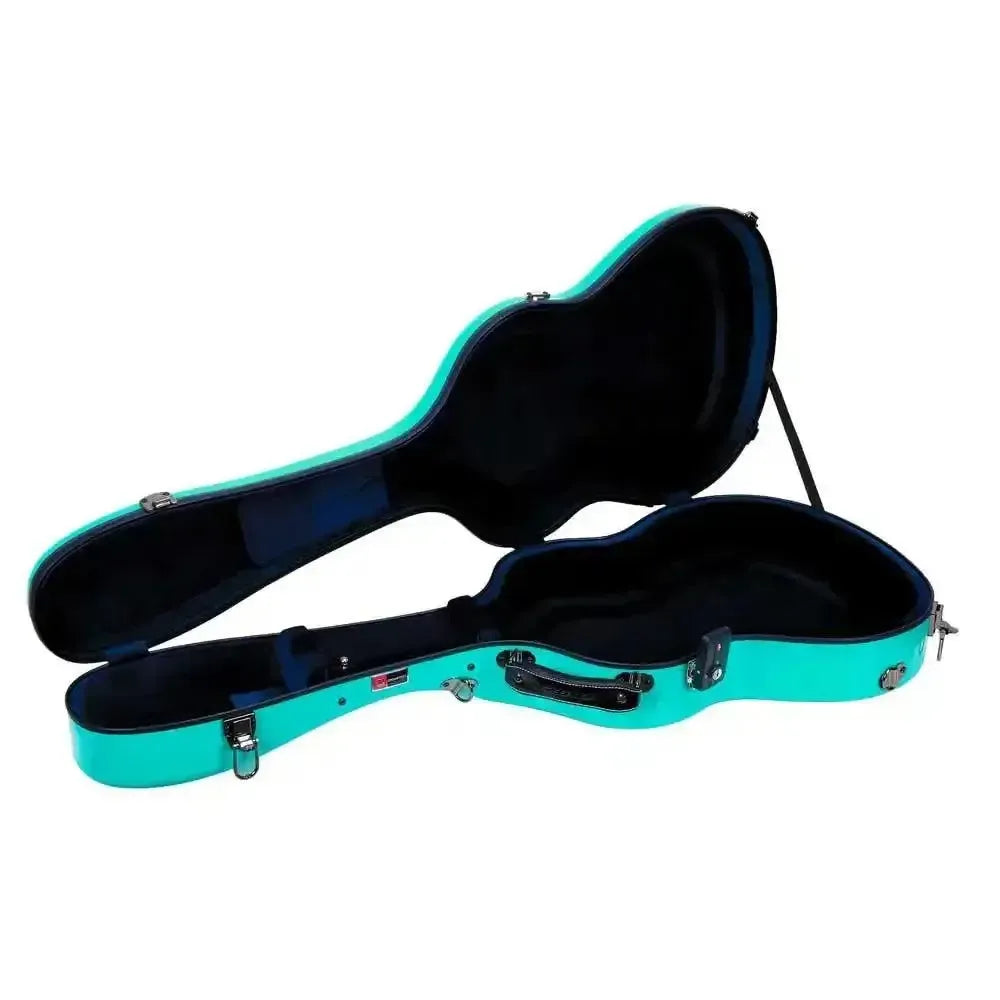 Crossrock full-size classical guitar case in mint blue fiberglass with open black interior.