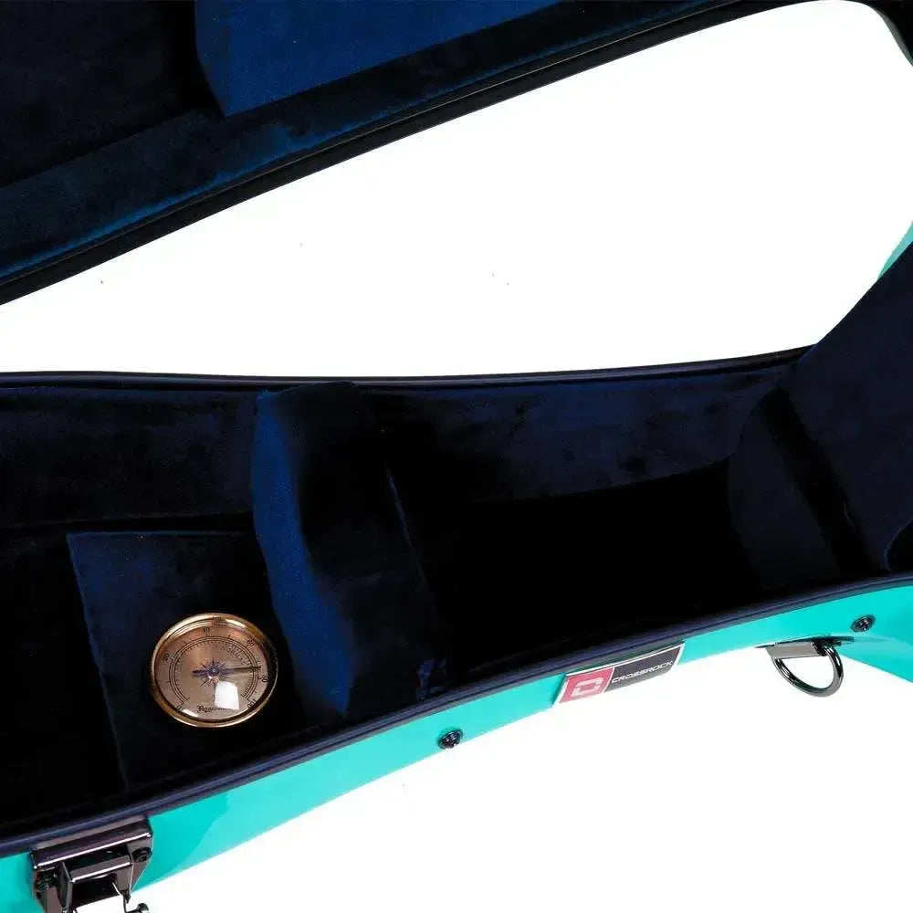 Open Crossrock CRF2021C classical guitar case in mint blue fiberglass with dark blue plush interior and accessory compartment.