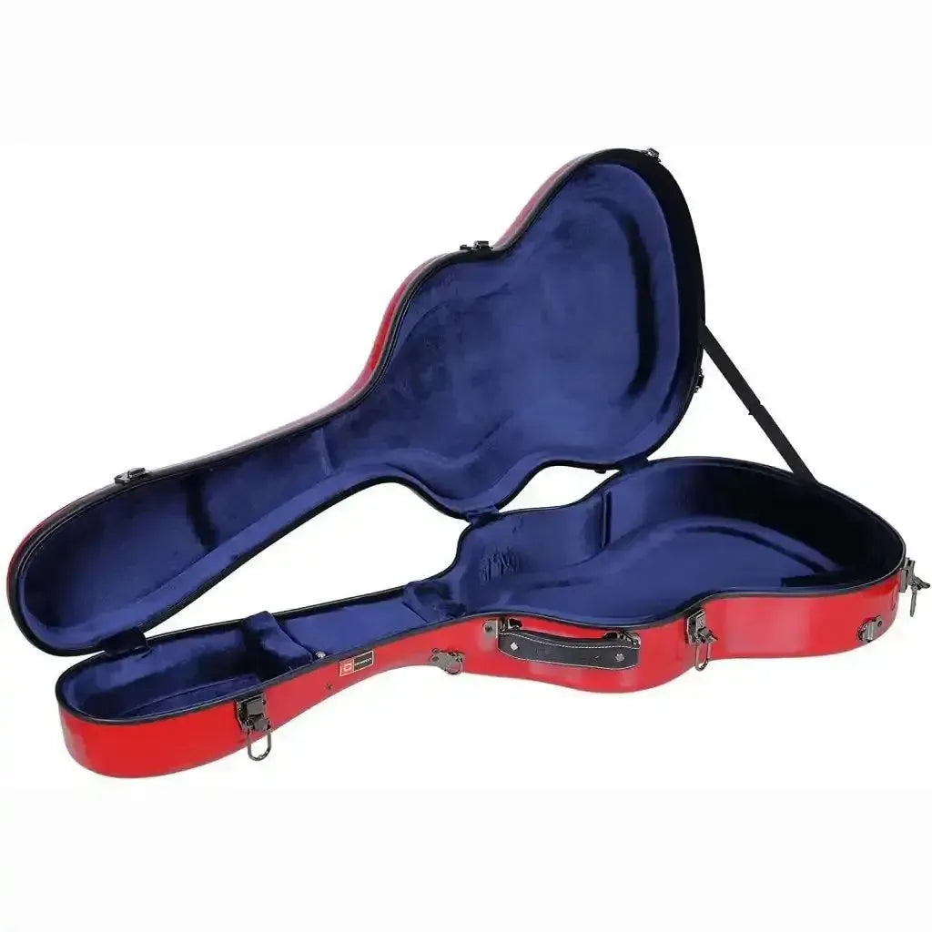 Open red Crossrock full-size classical guitar case with a soft blue velvet interior.
