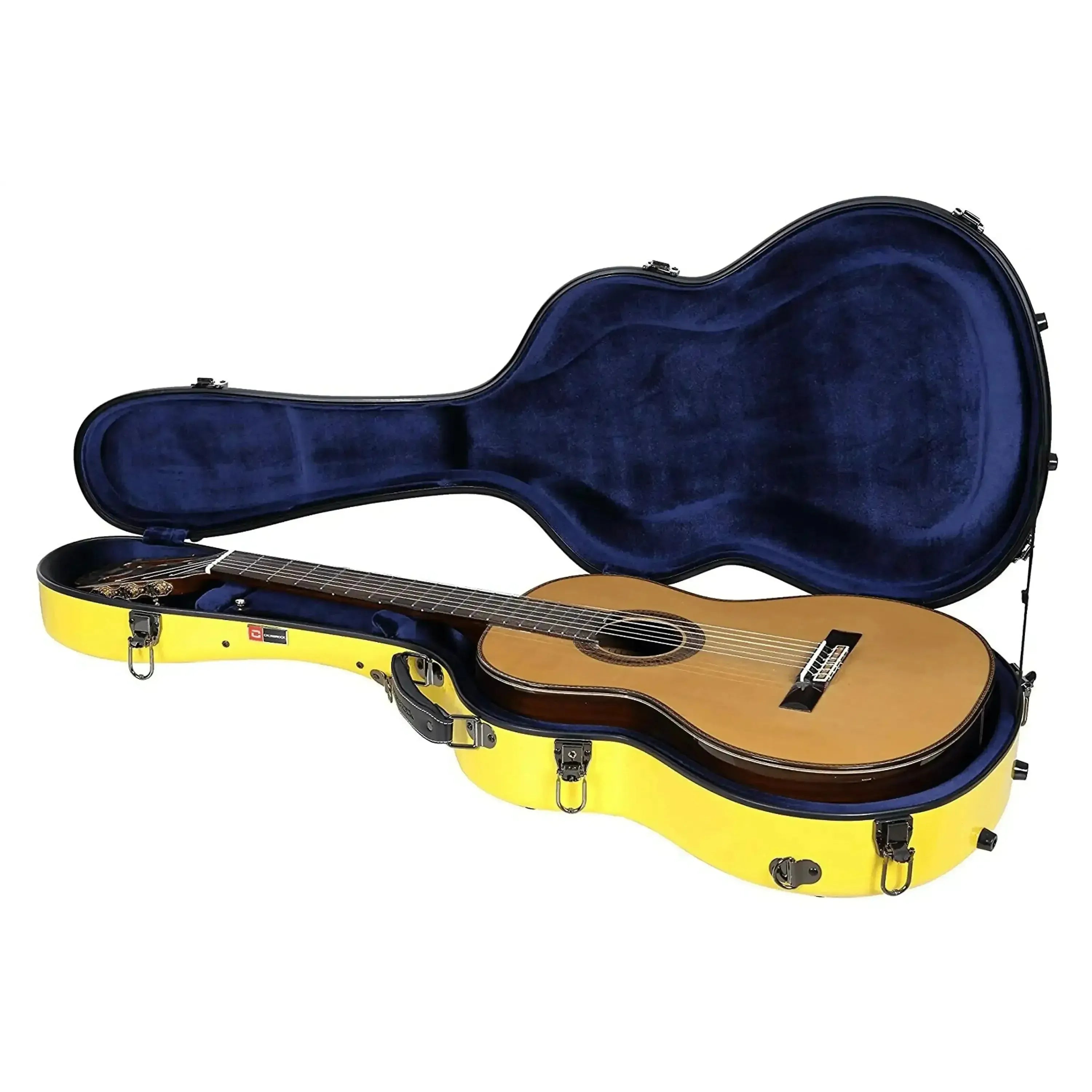 Crossrock CRF2021C full-size classical guitar in a vibrant yellow fiberglass case with blue lining.