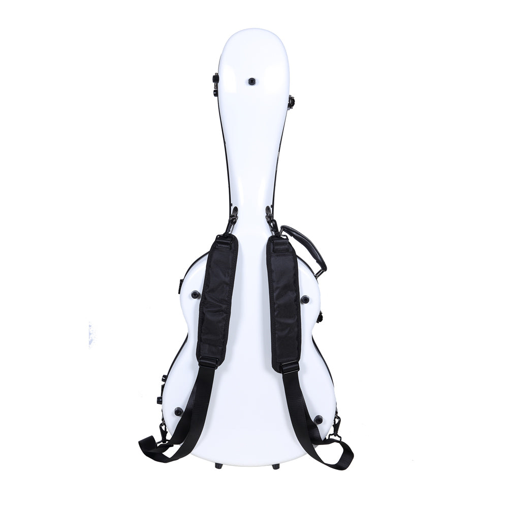 Back of the Crossrock CRF2021CWT white classical guitar case showing the black padded backpack straps.