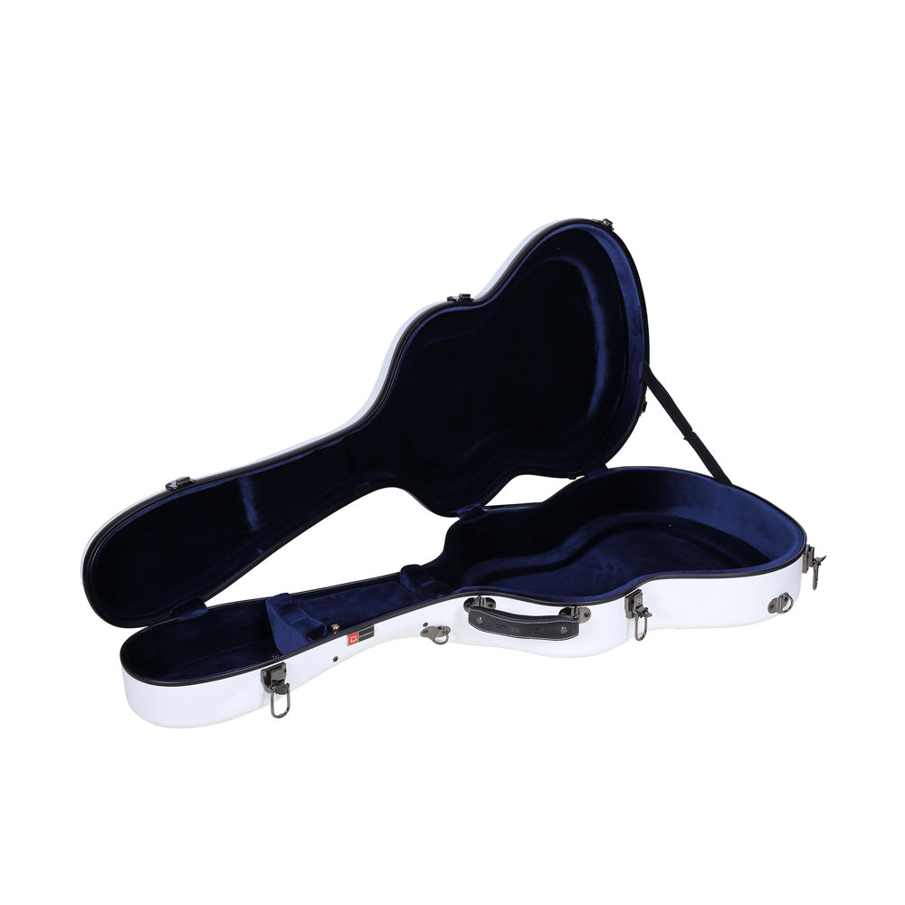 Crossrock CRF2021CWT white fiberglass classical case open, showing the navy-blue plush interior.