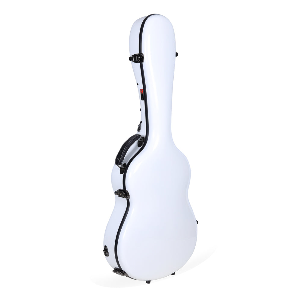 Crossrock CRF2021CWT white fiberglass classical guitar case standing upright, with black trim, latches, and handle.