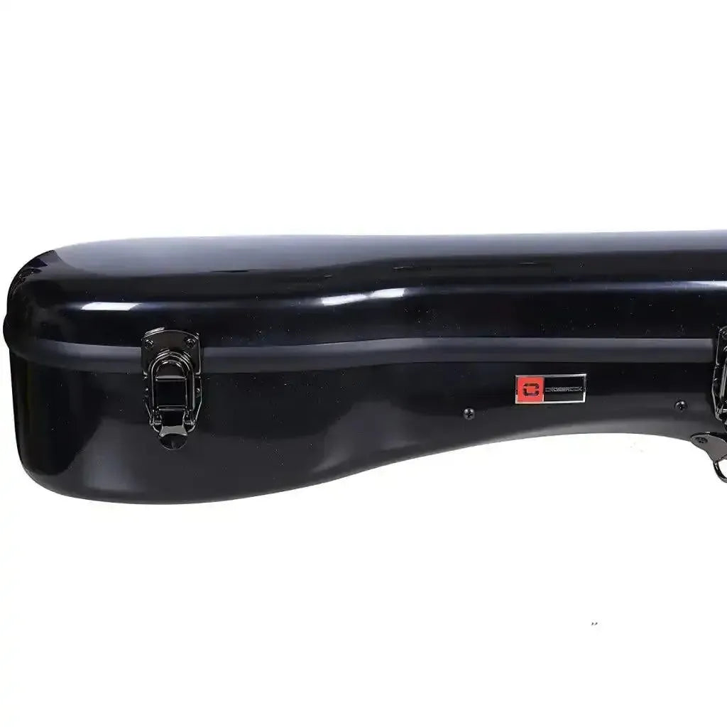 Crossrock CRF2021DBK black fiberglass dreadnought acoustic guitar case with latches and logo.