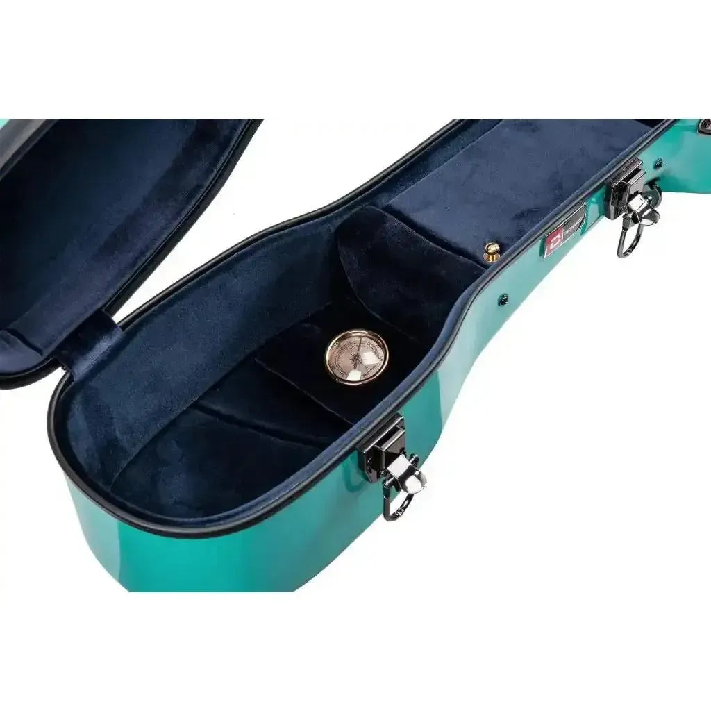 Open Crossrock CRF2021DMB acoustic-dreadnought fiberglass guitar case in mint blue with navy velvet interior.