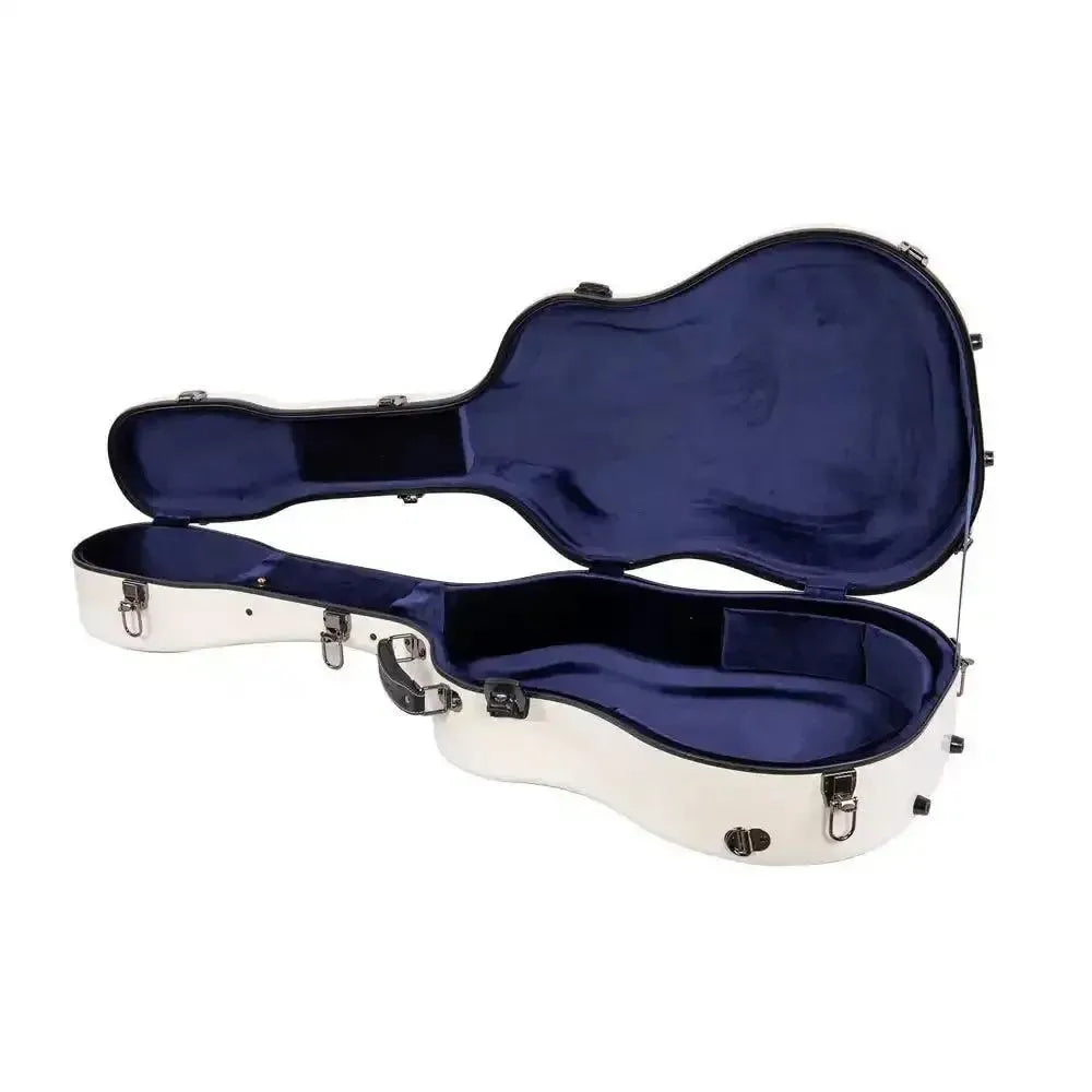 Open Crossrock CRF2021DMW acoustic-dreadnought fiberglass guitar case in milk white with blue interior.