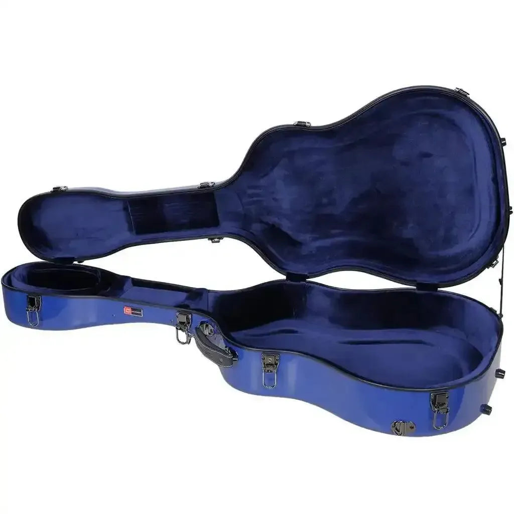 Crossrock CRF2021DNVBL navy blue fiberglass dreadnought acoustic guitar case, open with plush interior.