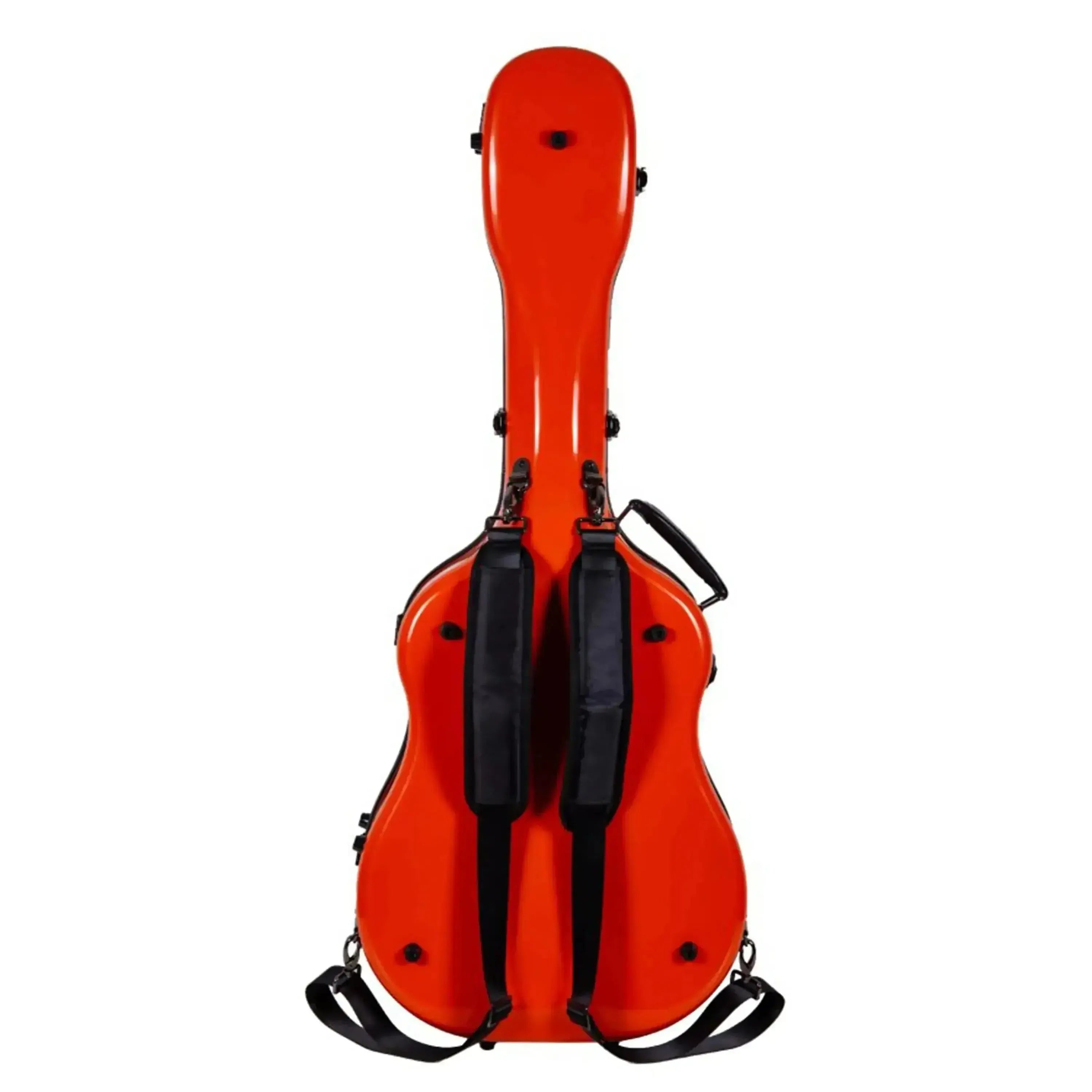 Crossrock CRF2021DOR orange fiberglass dreadnought acoustic guitar case with black backpack straps.