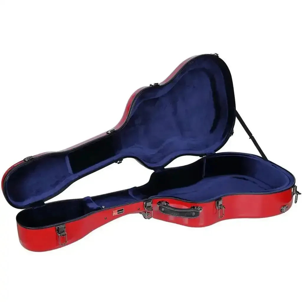 Red Crossrock fiberglass dreadnought guitar case, open with blue velvet interior.